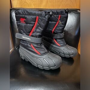 Sorel Boots Flurry Kids Hook and Loop Black Rubber Drawstring Sz 5
